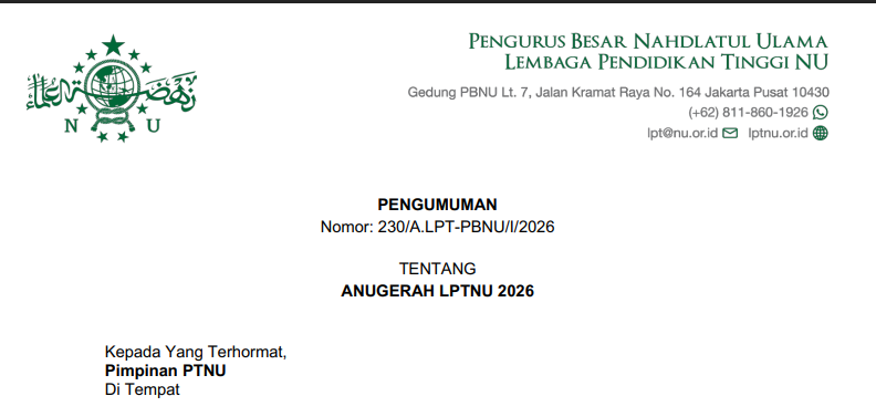 PENGUMUMAN: ANUGERAH LPTNU 2026