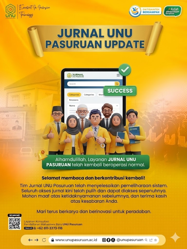PENGUMUMAN: Layanan Jurnal UNU Pasuruan Kembali Beroperasi Normal Pascaperawatan Sistem