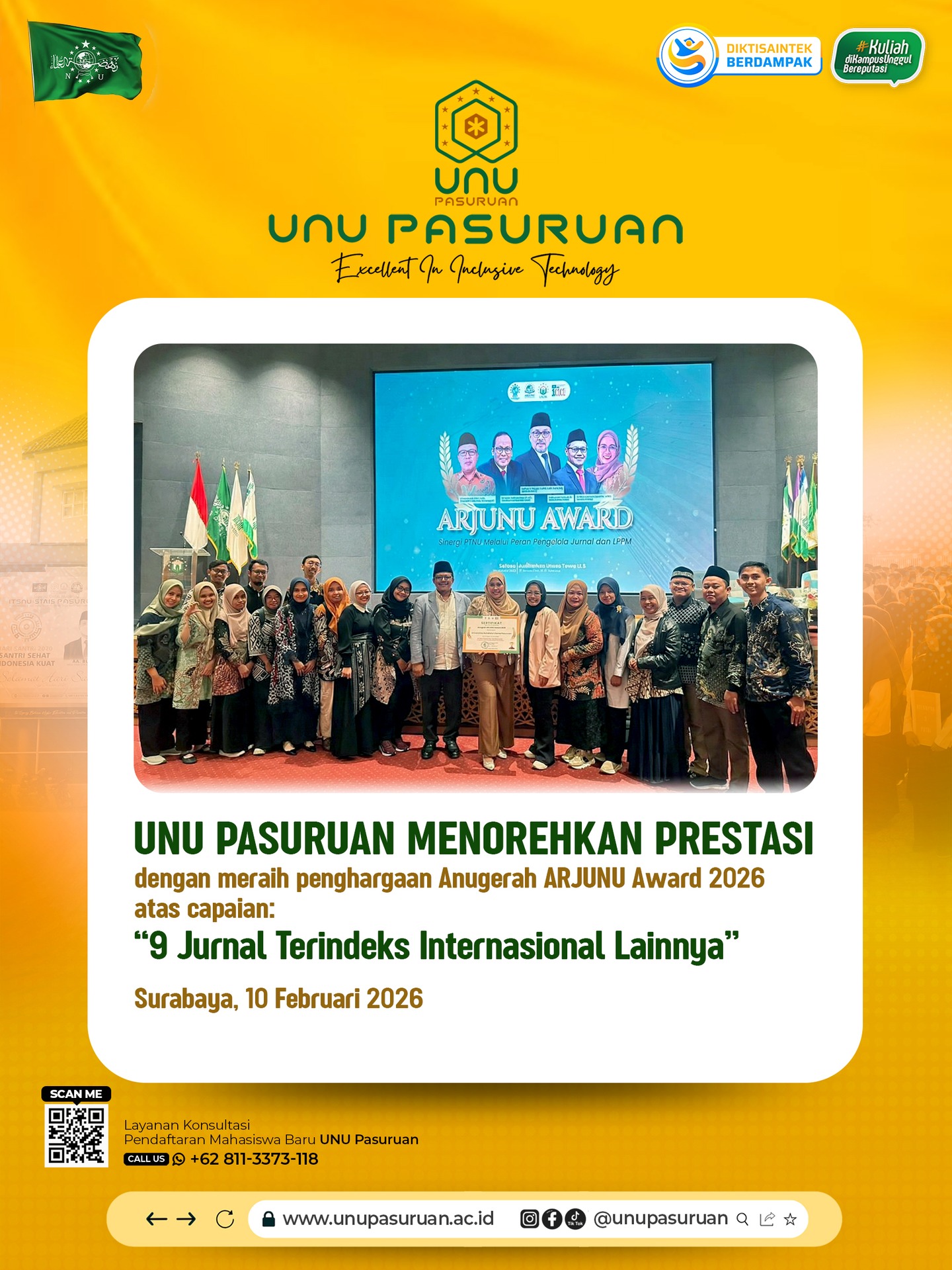 Apresiasi Tertinggi di ARJUNU Awards 2026: UNU Pasuruan Pacu Akselerasi Publikasi Dosen dan Mahasiswa