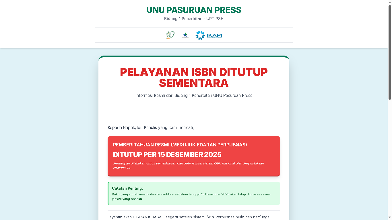 PELAYANAN ISBN DITUTUP SEMENTARA