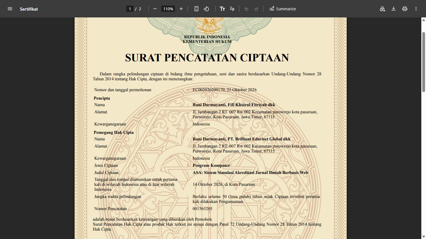 Surat Pencatatan Ciptaan ASA Nomor 001565205 dari DJKI