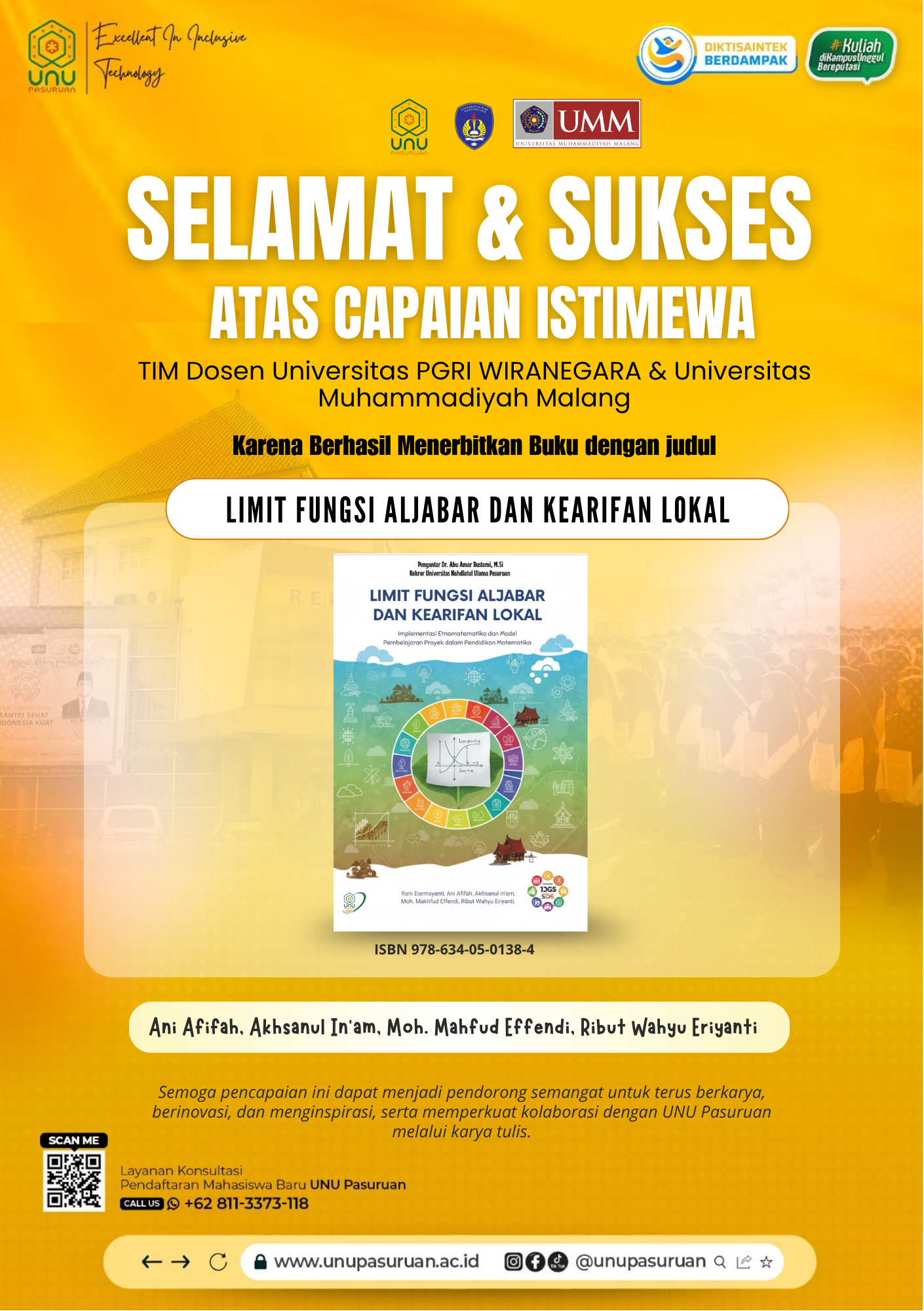 Selamat & Sukses: Tim Dosen Universitas PGRI Wiranegara, Universitas Muhammadiyah Malang & Universitas Nahdlatul Ulama P