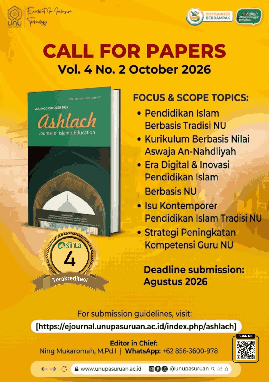 Penerbitan Jurnal Ashlach Vol. 4 No. 2 Oktober 2026: Jurnal Pendidikan Islam UNU Pasuruan Kembali Buka Call for Papers
