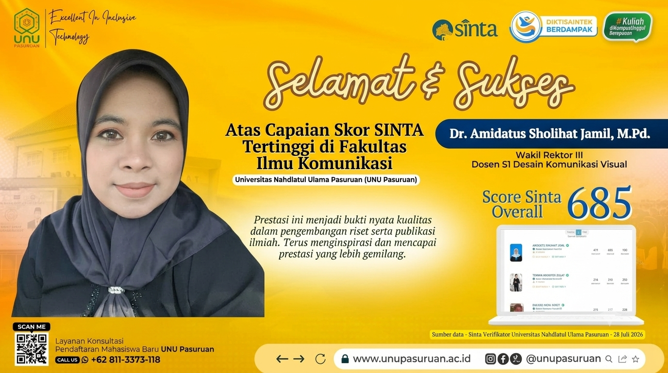 Perkokoh Kualitas Riset, Dr. Amidatus Sholihat Jamil Raih Skor SINTA Tertinggi di Fakultas Ilmu Komunikasi UNU Pasuruan