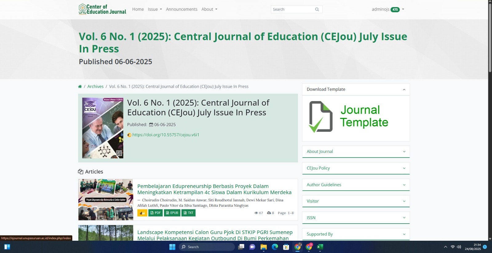 Eksekusi Jurnal CeJou (Center of Education Journal) terbitan 6.1 (Juli 2025)